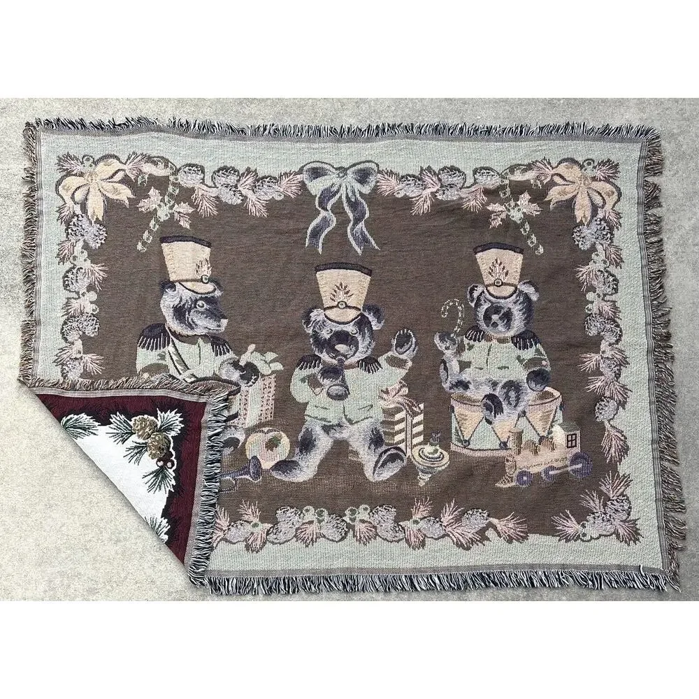 Vintage Christmas Woven Throw Blanket Tapestry Wall Hanging Teddy Bear Band